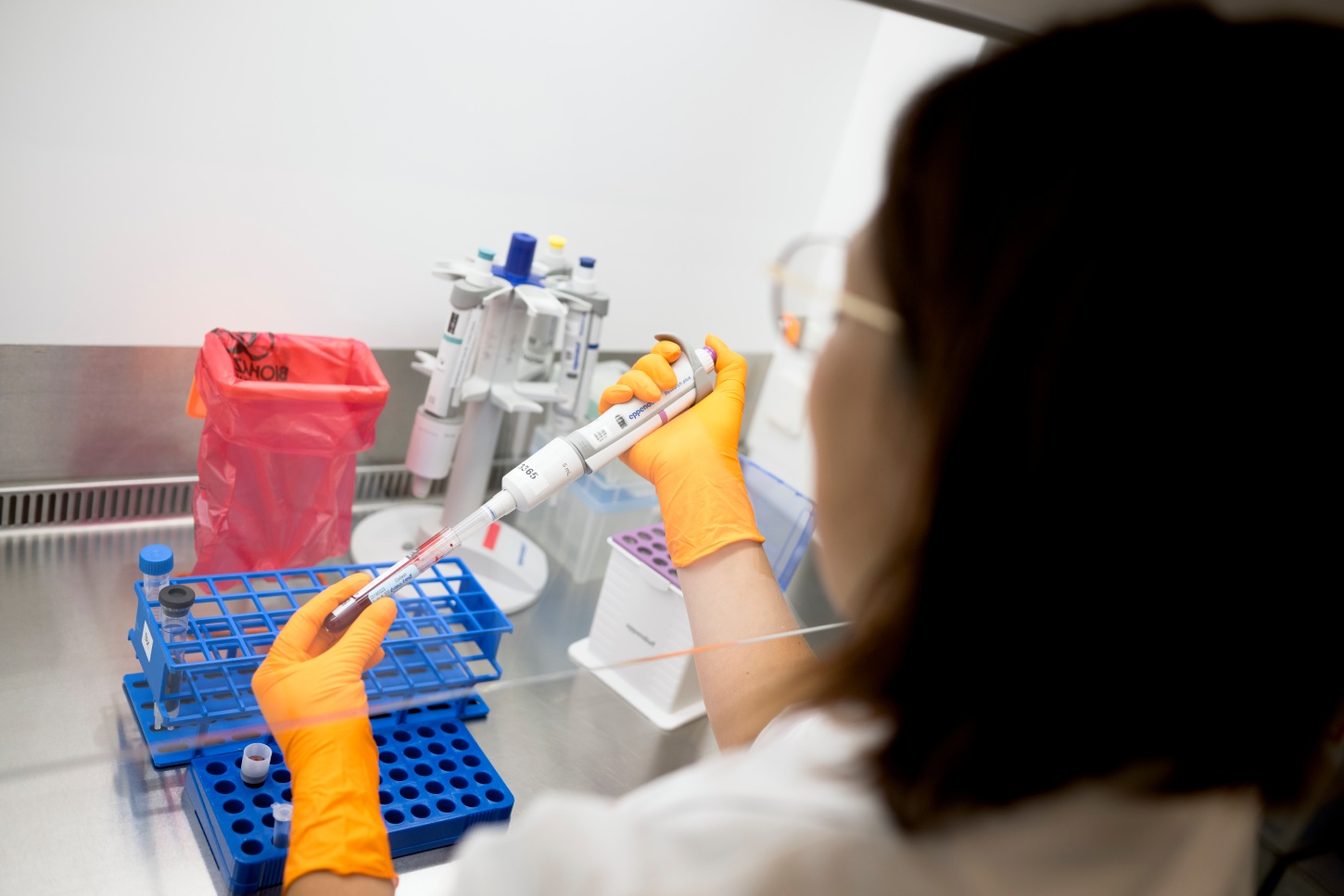 Scientist using a pipette for sample processing.