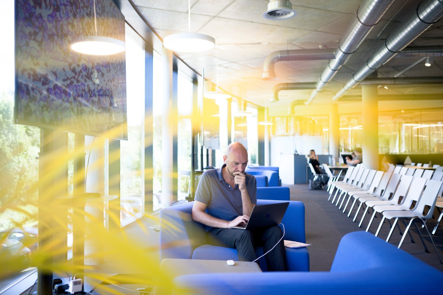 Scientist at a computer workstation for CellCarta ISO certified laboratory.