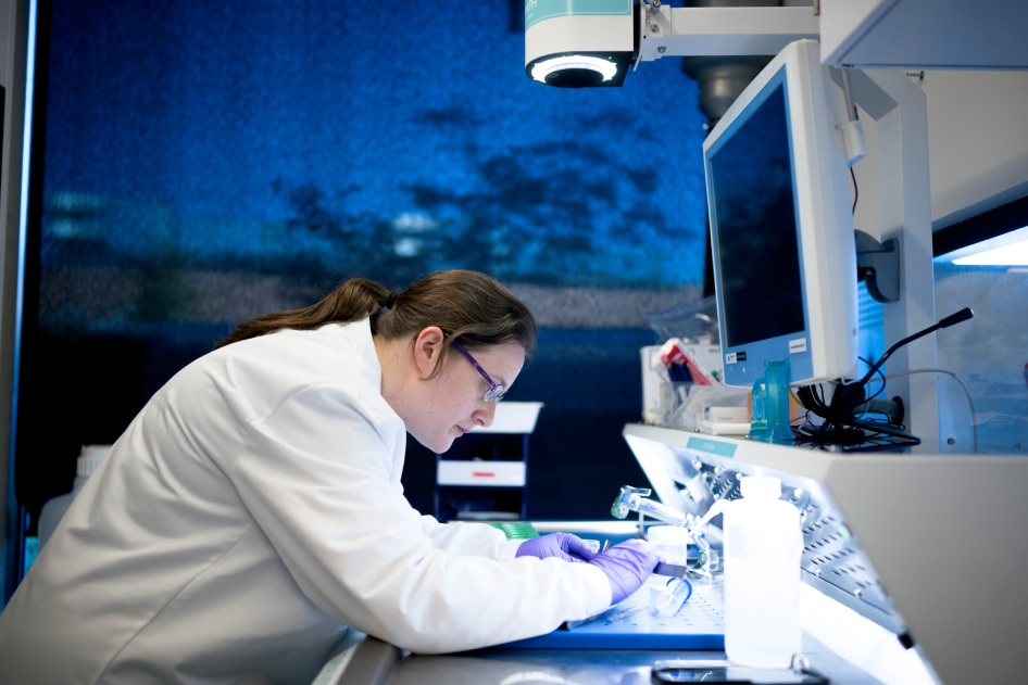 Scientist working at a microscope bench.
