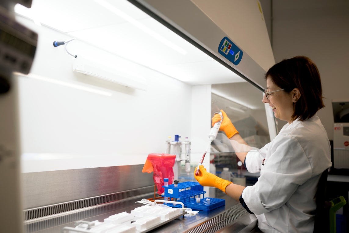 Scientist pipetting in a biosafety cabinet.