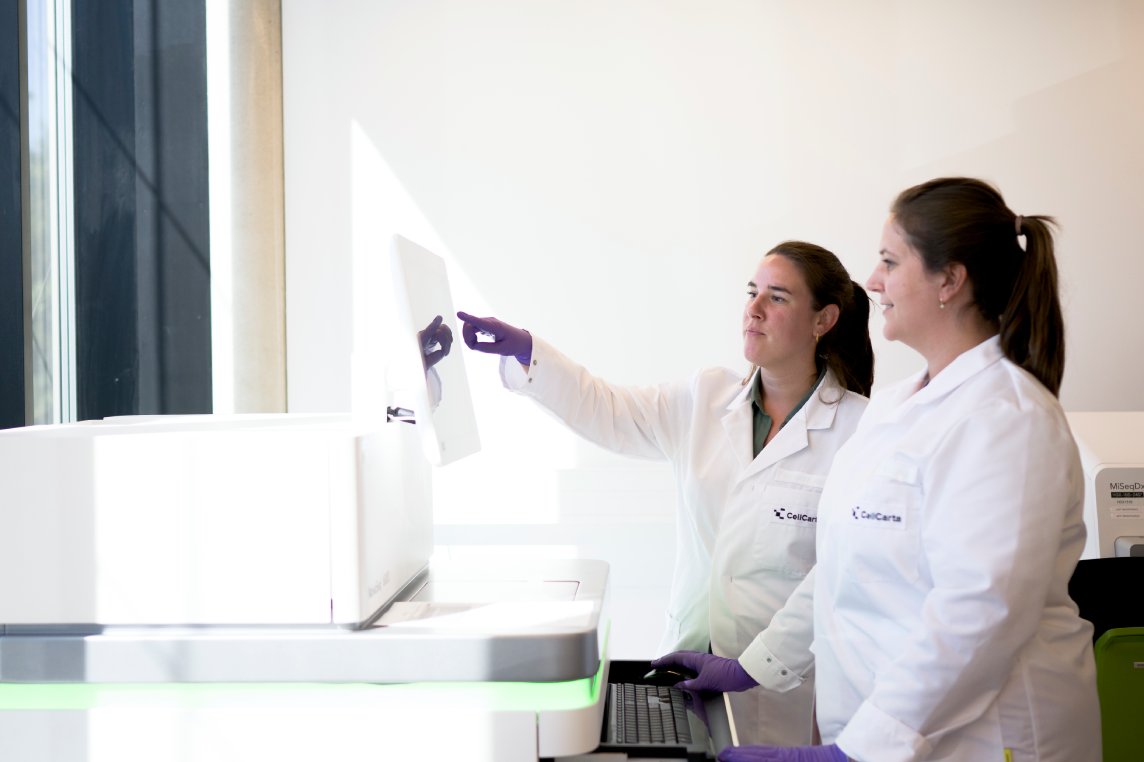 Scientists reviewing data on a sequencing platform.