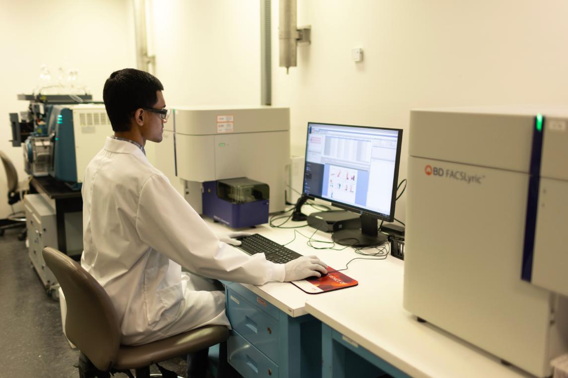 Scientist reviewing flow cytometry data at a dual-monitor workstation.