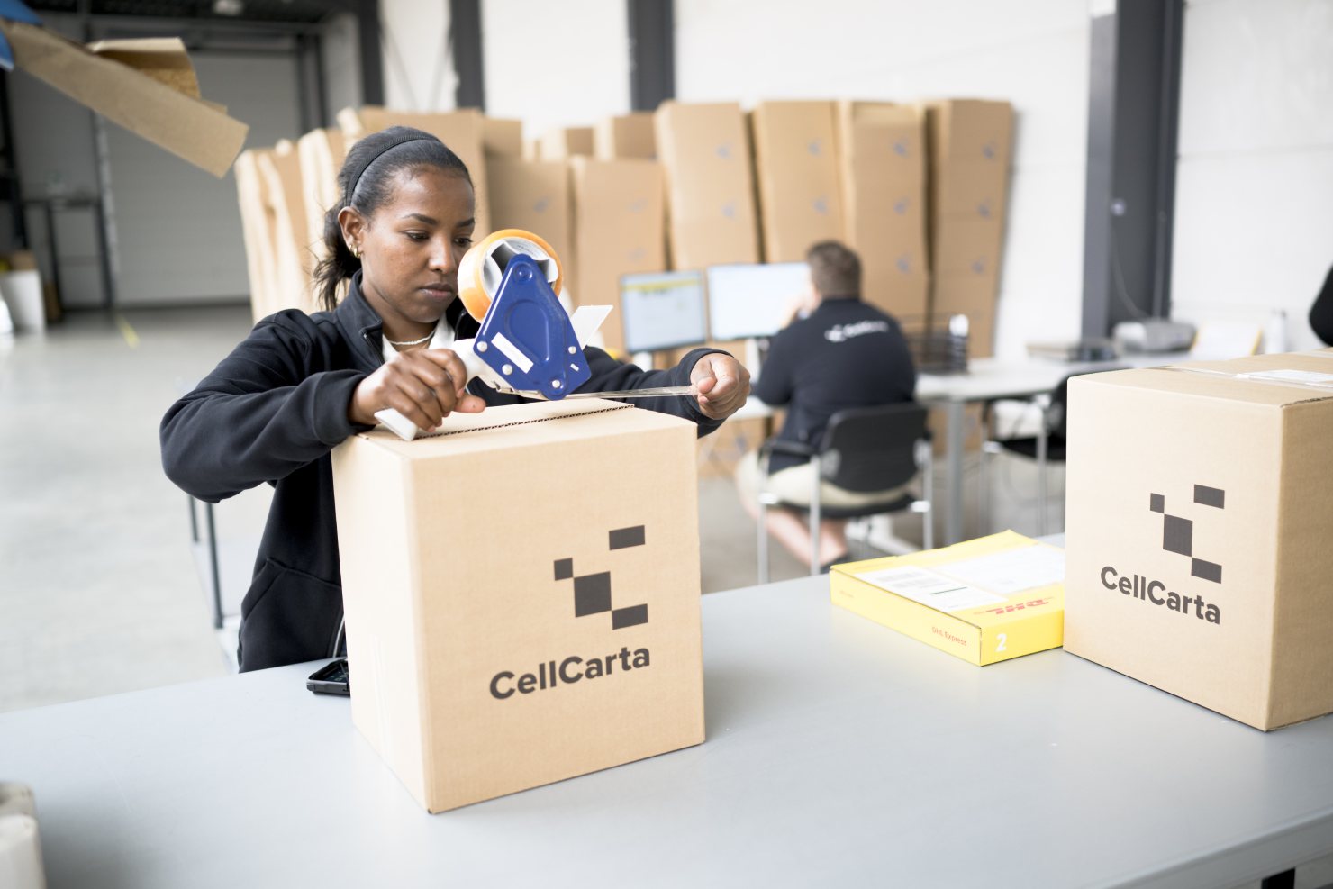 Worker packing a CellCarta sample kit box.