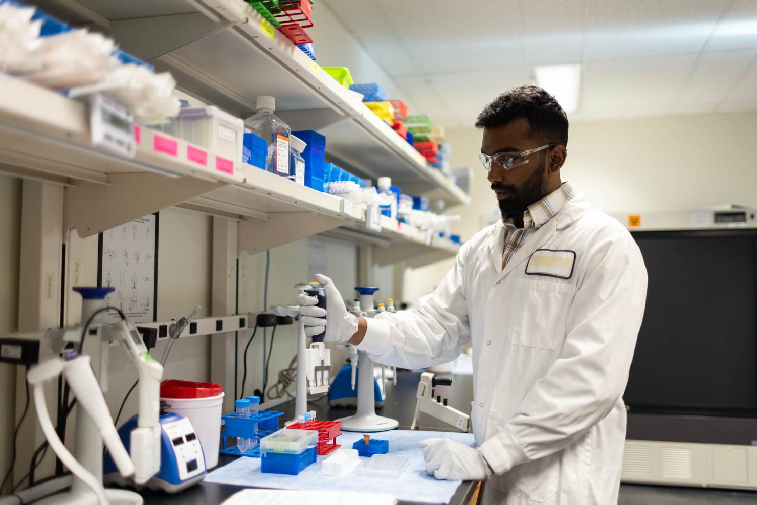 Scientist working beside reagent storage shelves.