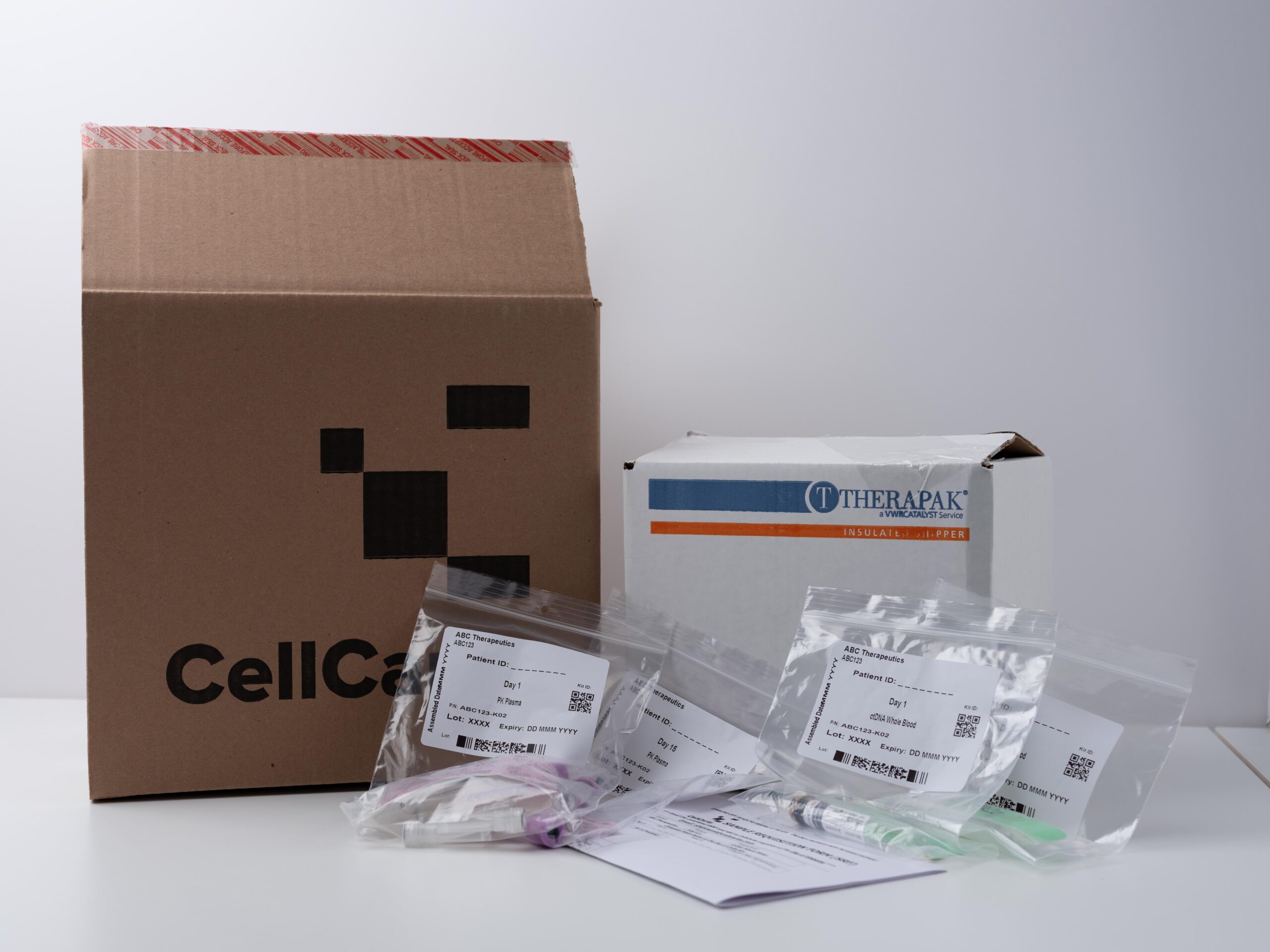 CellCarta clinical trial sample-collection kit and shipping box.