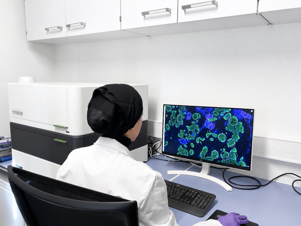 Scientist preparing tissue sections for spatial transcriptomics analysis using 10X Genomics Visium platform