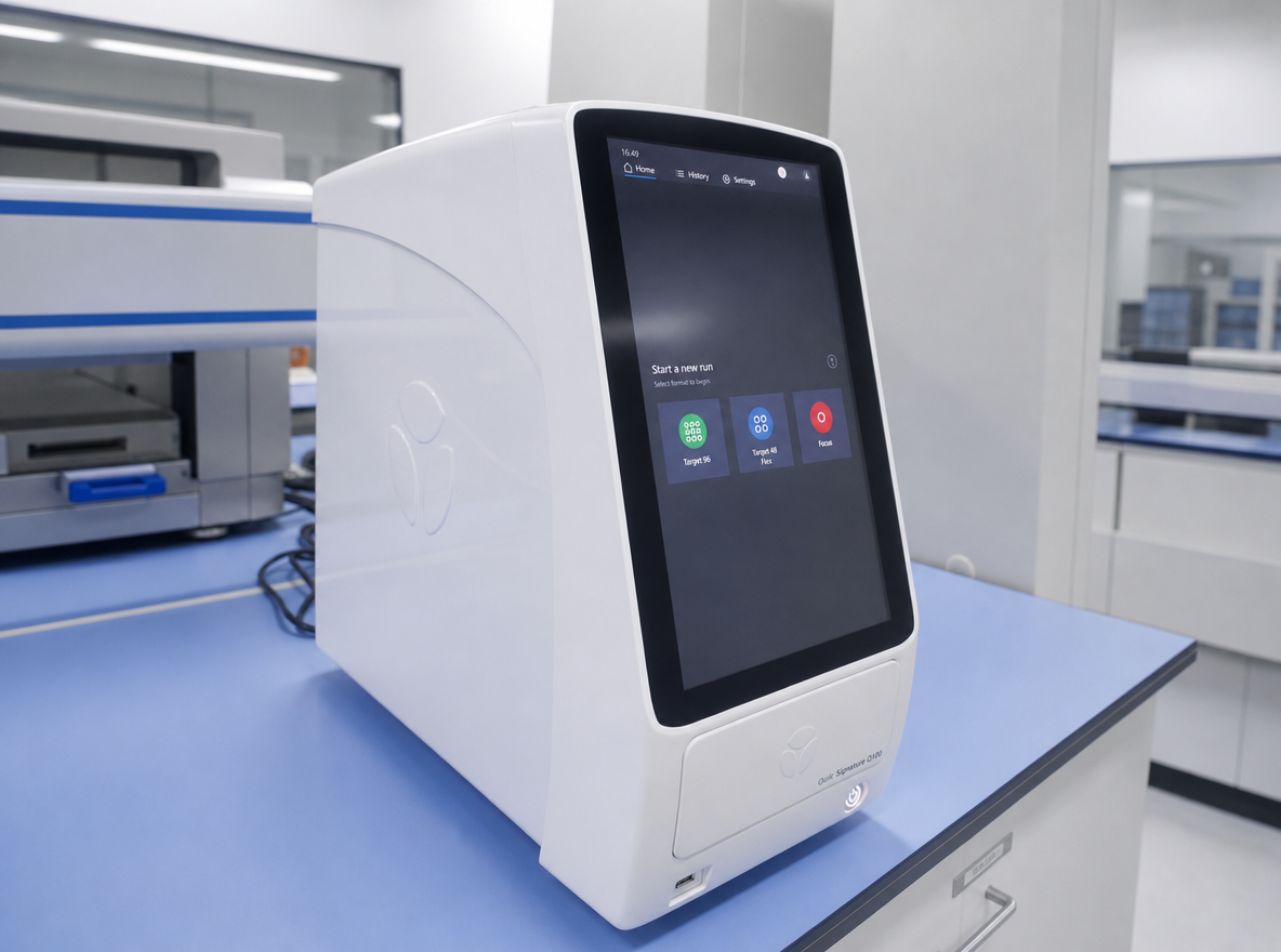 Scientist using Olink Target panel instrument for protein biomarker quantification